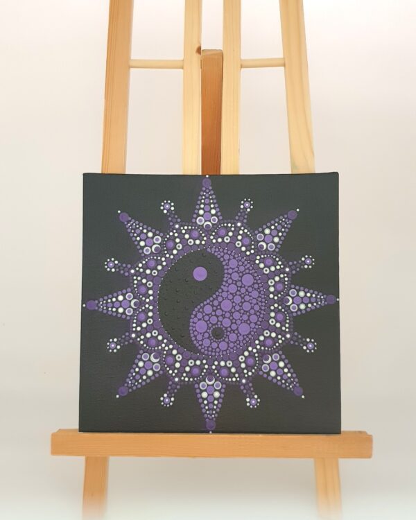 De Energie Buddha - Mandala Dot Painting - Middelgroot canvas met ophanghaakje - Yin Yang in paarstinten op ezel Schilderij middelgroot - Yin Yang